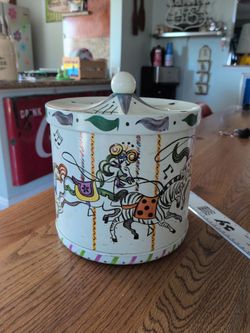 MCM vintage metal mid century canister with circus carousel horses hand painted on it 1950s made by guildcraft USA