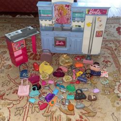 a kitchen for barbie dolls glasses and bags