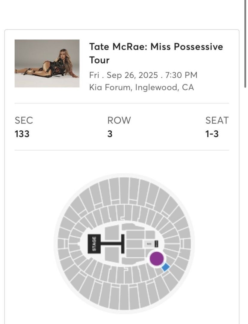 3x Tate McRae: Miss Possessive 9/26/25 Tickets