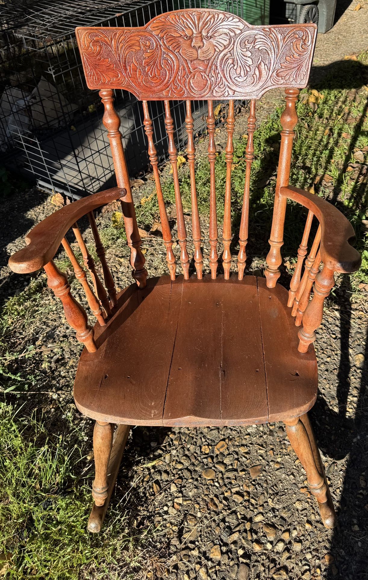 Vintage Pressed-Back Rocking Chair With Green Man Crest