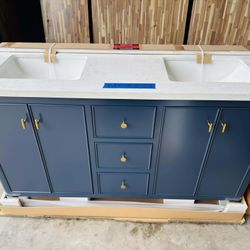 60” Bathroom Vanity in Navy Blue color , double sink soft close solid wood with vanity top in white  $849 