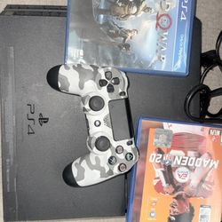 Playstation 4 with Video Games, Controller, and plug
