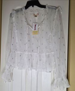 B.O.G Collective Women's Sheer Chiffon Ruffle Tie V-Neck Blouse L White