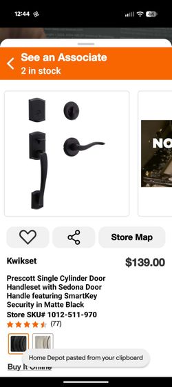 Kwikset Prescott Single Cylinder Door Handleset with Sedona Door Handle Featuring SmartKey Security in Matte Black