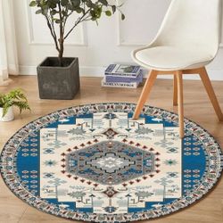 New  Washable Rug 5 Ft Round Vintage Medallion Area Rugs with Non-Slip Backing Soft Stain Resistant Non-Shedding Low-Pile Floor Carpet Mat
