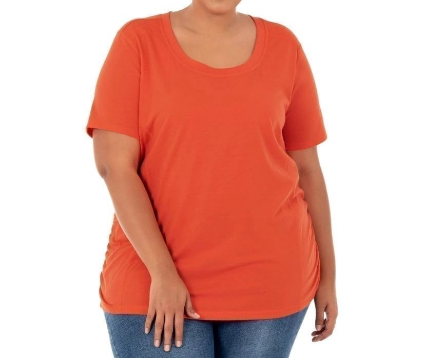 Terra & Sky Women's peach/orangish Scoop Neck Shirred T-Shirt 3XL-New