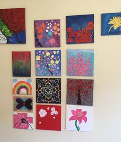 A (1) 12x12 canvas flower painting in pink on white Acrylic on canvas by Pelin Haddad