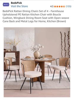Rattan dining chairs, white boucle cushion