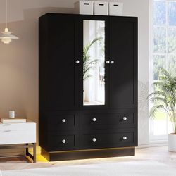 Wardrobe Closet with 3 Doors Bedroom Armoire with Mirror & 4 Drawers Large Capacity Storage Closet with LED Light and Hanging Rod for Bedroom, Black 4