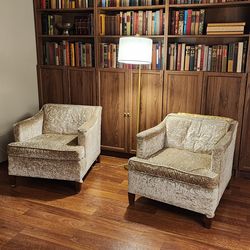 Set Of 2 Mid Century Modern 40s Champagne Color Crushed Velvet Club Chairs