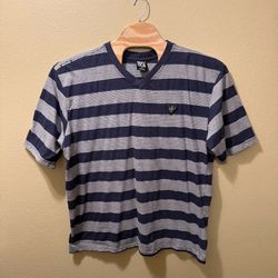 Men’s 5X Vintage Enyce Navy Blue Gray Horizontal Striped V-Neck Shirt