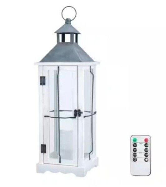 26in Farmhouse White IP65 Waterproof Wood Metal Decorative Lanterns with Remote Control, Timer, Tempered Glass, Flameless Pillar Candles~Wedding/Porch
