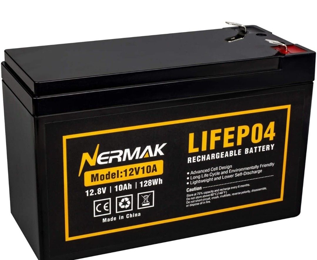NERMAK 12V 10Ah Lithium LiFePO4 Deep Cycle Battery, 2000+ Cycles Rechargeable Battery for Solar/Wind Power, Small UPS, Lighting, Scooters, Power Wheel