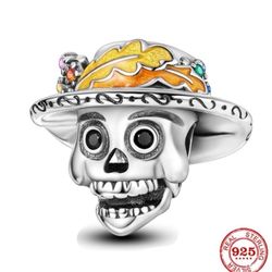 Catrina Sugar Skull Charm in Orange & Yellow Enameled Hat & Crystals Stamped 925