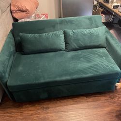 Dark Green Velvet Love Seat That Pulls Out To A Bed