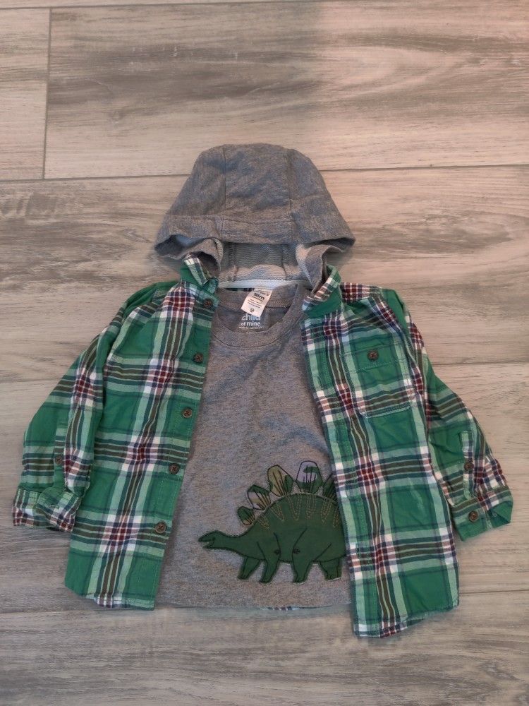 Green Flannel & Dino Shirt Sz18 Months