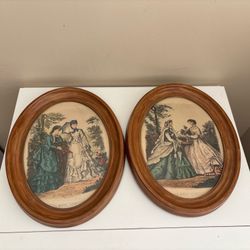 babygecko Antique Vtg Oval framed La Mode Illustree Ladies in Gowns Paris mid 1800's set 2