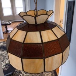 Vintage Tiffany Style Stained Glass Amber White Ceiling Hanging Light 16” Wide