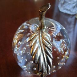Vintage Bubble Glass Apple W/ Brass Stem Paperweight
