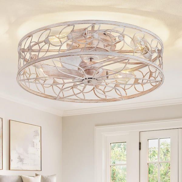 23 in. Indoor White Gold Flush Mount Caged Ceiling Fan with Light Kit and Remote Control