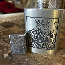 Vintage Flask And Zippo Lighter 