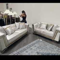 Brand New Elegant Gold Accented Sofa Loveseat Set 