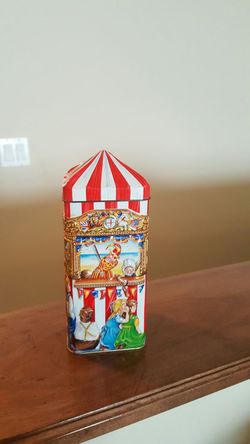 7 1/2" High Churchill's The Puppet Show Circus Metal Candy Tin Bank "Empty"