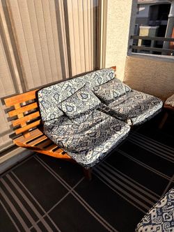 Outdoor Acacia Wood Loveseat with Pattern Cushions – Balcony/Patio Seating
