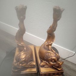 VINTAGE ASIAN CAST BRONZE KOI DOLPHIN FISH CANDLE HOLDERS ON 
