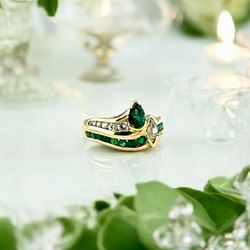 14kt Yellow Gold with Emeralds and Diamonds Band Ring
