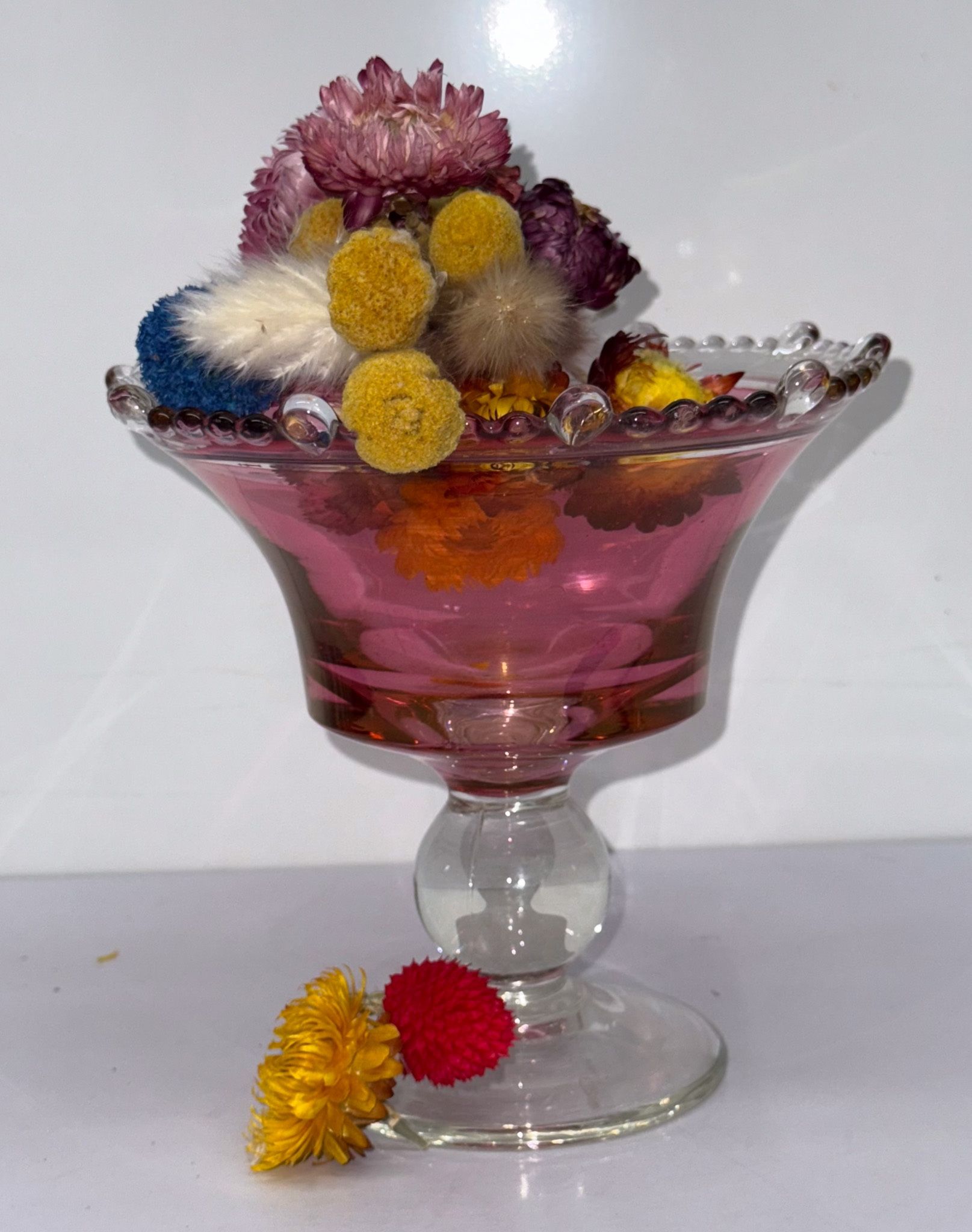Antique Paden City ruby stained and clear pressed glass compote, Beaded Beauty #555
