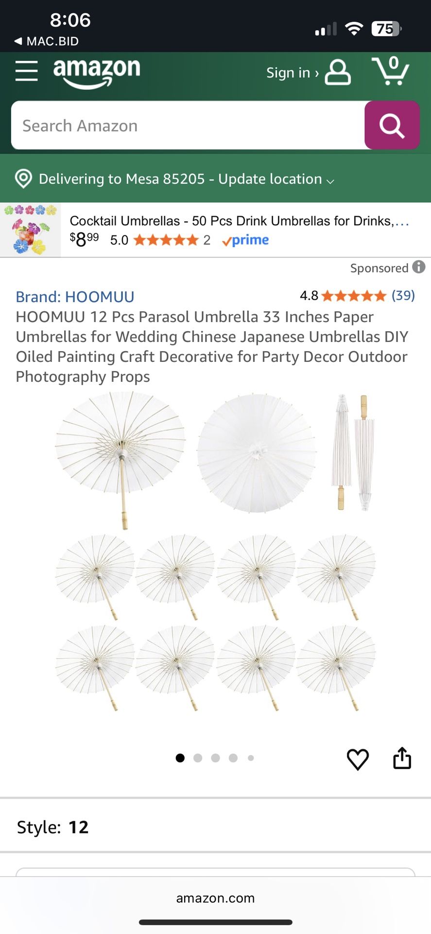 Hoomu 12piece Paper Parasol Umbrellas 33”