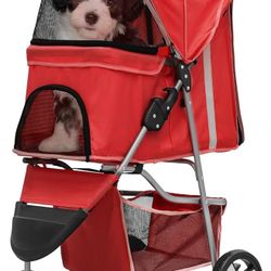 3 Wheel Foldable Waterproof Premium Quality Pet Cat Dog Stroller Travel Carrier Light Weight with Storage Basket Cup Holder Zipper Lock, 35lbs Capacit