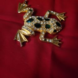 Women's Goldtone & Green Clear Stones Frog Brooch