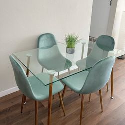 Blue Gold Modern Velvet Glass Dining Set 