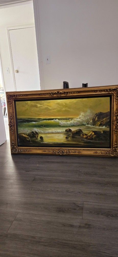 Vintage Ornate Gold Wood Frame With Beautiful Hand Painted Ocean Scene 58 Width 34 Height