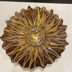 Large 14” Italy Quadrifoglio Glass Decorative Bowl Dish Reverse Painted Sunburst Gold Orange Brown