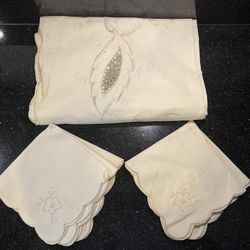 French Vintage Embroidered Tablecloth Rectangular 102 by 64” & 12 Napkins Cream