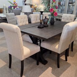 Black Dining Table + 6 Beige Chairs
