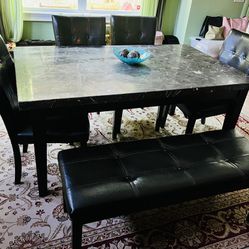 Marble-top Dining Table with four (4) matching chairs and a platform bench