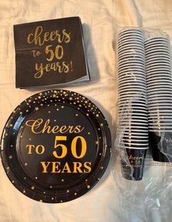 Cheers to 50 Years shot glasses, plates, napkins