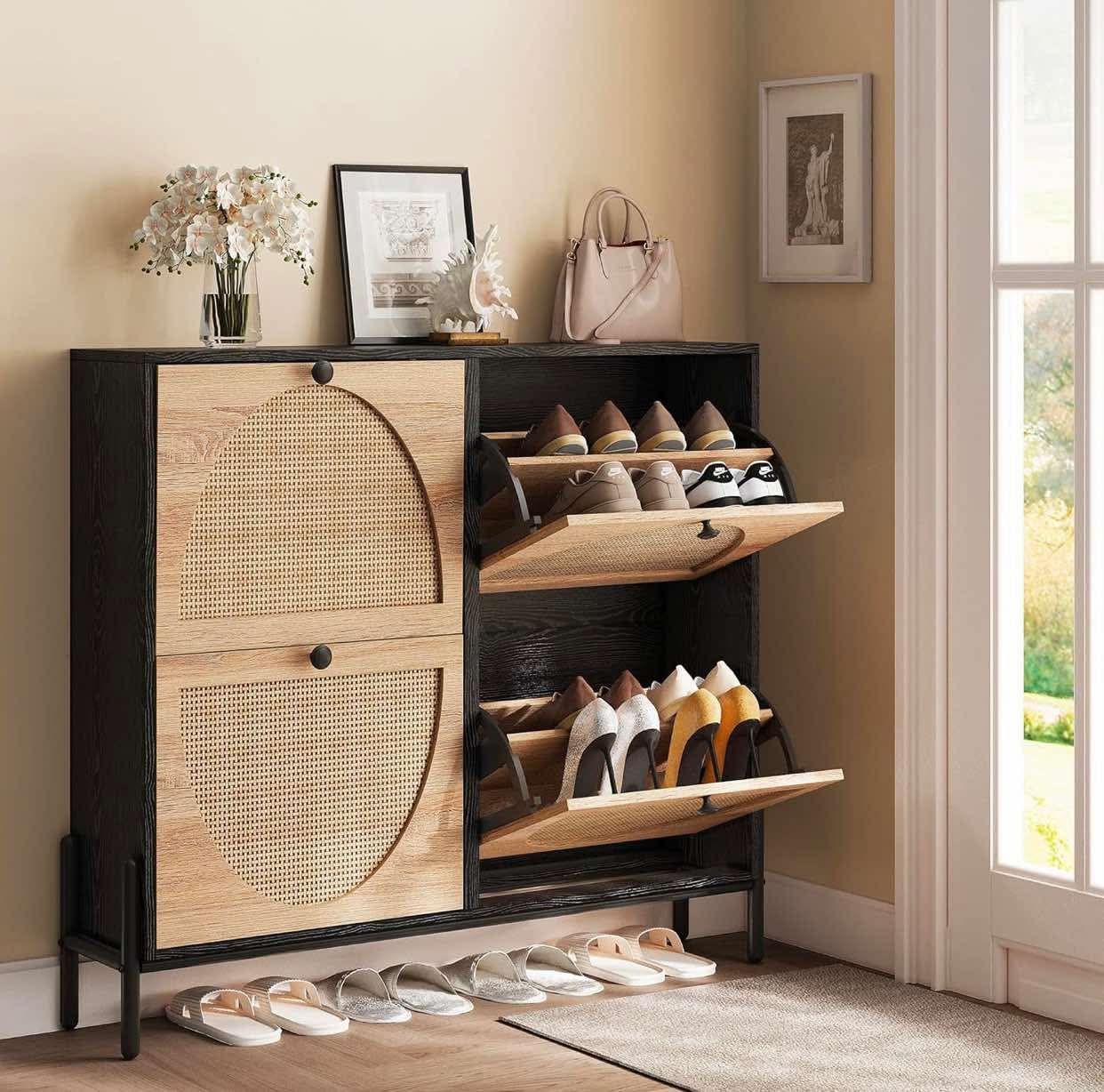 Rattan Shoe Cabinet Storage with 4 Flip Drawers, Freestanding Shoe Storage Organizer Cabinet for Entryway, Narrow Shoe Rack Cabinet, Black