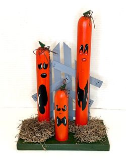 Vintage Handmade Halloween Pumpkin Trio Wooden Tabletop Decoration
