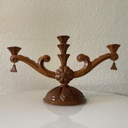 Vintage Candelabra Handcarved Wood 3 Arm