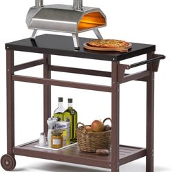 TORVA Outdoor Prep Grill Carts,2-Tier Camping Pizza Oven Rack with Nano-Coated Tabletop and HDPE Frame,Portable and Movable BBQ Table, Brown