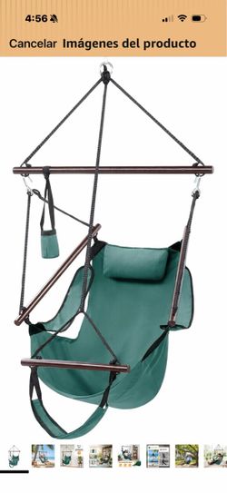 Upgraded Sky Chair hanging hammock chair: Air Deluxe hanging seat featuring a rope-through-bar design for safer relaxation; includes cup holder and fu