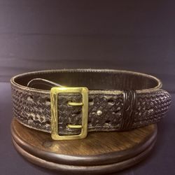 JS Leather Sam Browne Duty Belt Size 28" Black Basket Weave Leather Brass Buckle