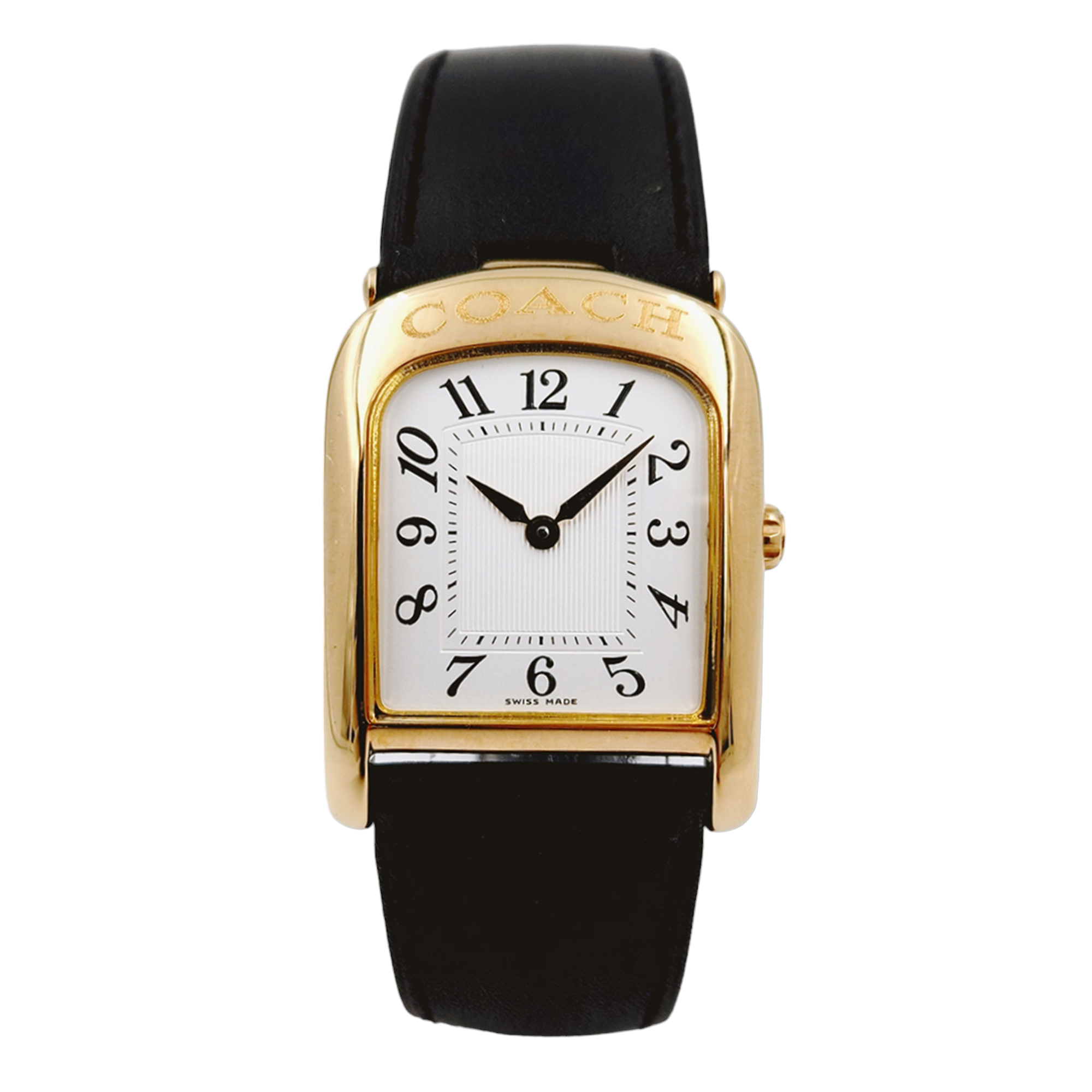 Ladies Coach 26mm Gold Plated Watch with Genuine Black Leather Band and White Dial. (NEW W501)