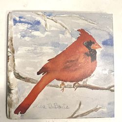 Red Cardinal Bird  Watercolor print - by Local Artist Lisa DeBaets 8 x 8” on Foamboard   Authenticity Label on back  Some paper / board tearing on bac