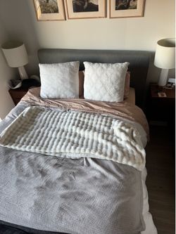 Bedframe/Queen Mattress/box spring and topper Free